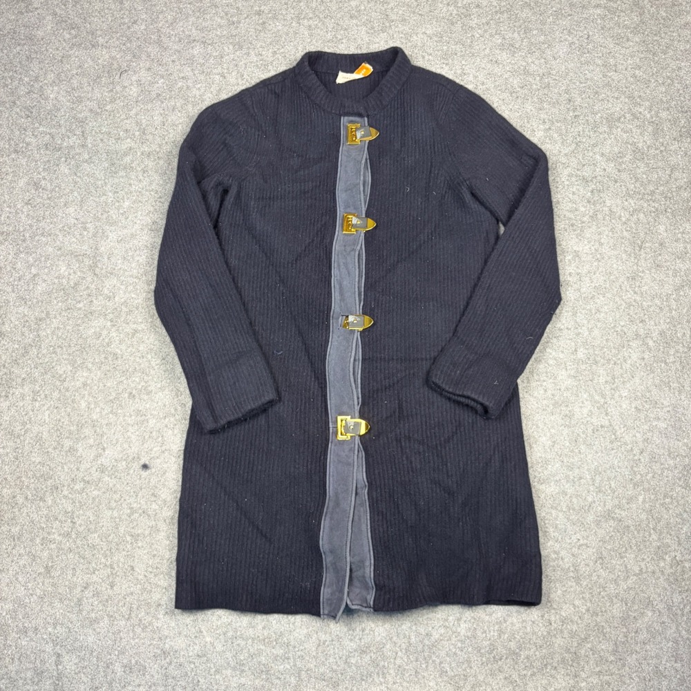 Tory Burch Navy Ribbed Knit Longline Cardigan Gold Toggle Clasp Sweater Coat S